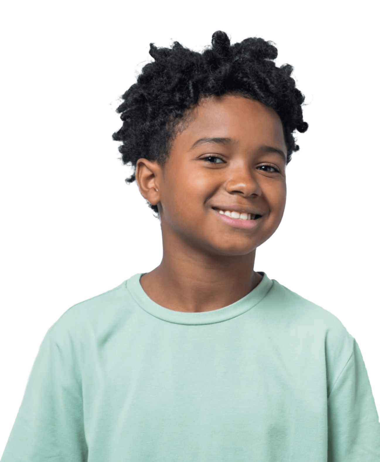 A young Black boy with short, black locks and wearing a light green t-shirt smiles confidently