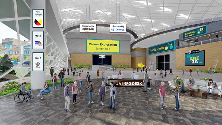 3D rendering of the bright atrium of a JA Canada centre, populated with learners of all types